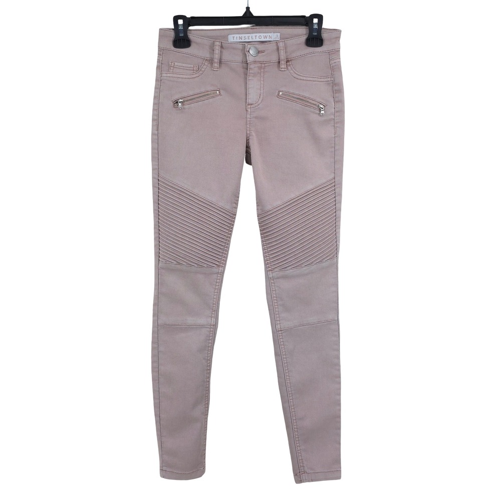 Tinseltown Skinny Moto Mid Rise Stretch Pink Ribbed Knee Jeans Juniors 3